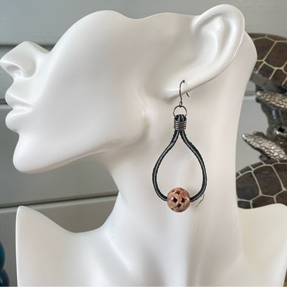 Whimsical Turtle Jewelry - 2/$29 Handmade Teardrop Hoop Earrings Leather Soapstone Black Tan Western